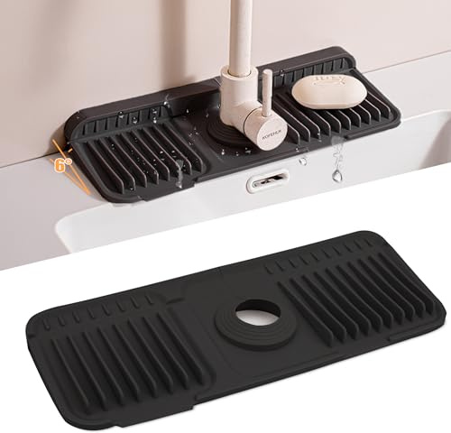 Volminex 6° Slope Kitchen Sink Splash Guard Mat, Silicone Faucet Mat Foldable, Faucet Handle Drip Catcher Tray, Draining Pad Around Tap for Kitchen Bathroom (Black, 37 x 14 cm)