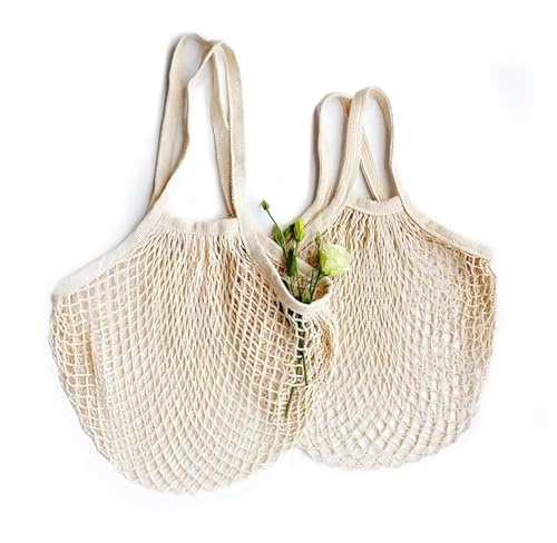 FeiOne 2 Stück Einkaufstasche, Tiederverwendbare Einkaufsnetze, Netzbeutel aus Bio Baumwollseil, Ideal für Obst und Gemüse, mit längerem und kürzerem Griff, nachhaltig und robust, Beige