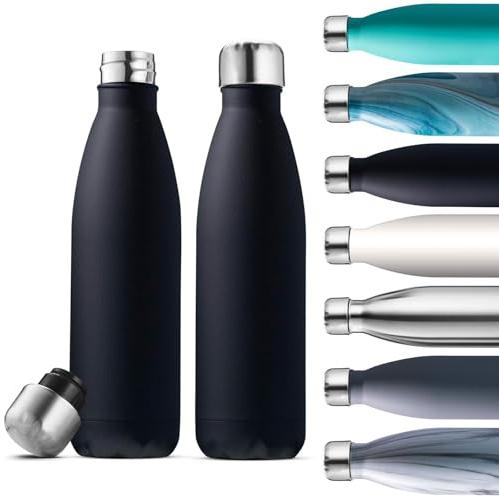 2 Pack 500ml Stainless Steel Insulated Water Bottles, Double-Wall Vacuum Insulated, Leakproof & Shatterproof, 24-Hour Cold & 12-Hour Hot, BPA-Free, Travel-Friendly, Gym, Office (Inky Raven Black)