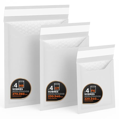 Vadderade kuvert, flera storlekar (3 storlekar), kraft, vit eller båda – självhäftande förslutning – papperskuvert med inre bubbla, perfekta för försändelser, L-pack, kontorsmaterial (vit, 12 påsar)