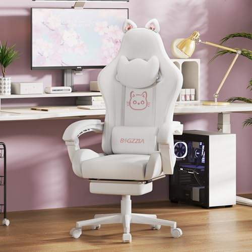 Racingreat Gaming Chair with Massage for Adults (White) | Footrest,Height Adjustable,Reclining,Headrest,Lumbar Support,Armrests,360°-Swivel,Cat Ears