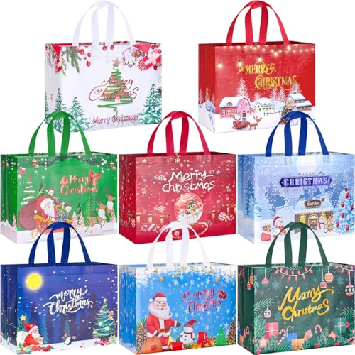RICEDUO 8 Stück Geschenktüten Weihnachten Groß, Non Woven Weihnachtstaschen Weihnachtstüten mit Griffen für Weihnachtsparty-Zubehör, 32.5 x 25 x 17 cm