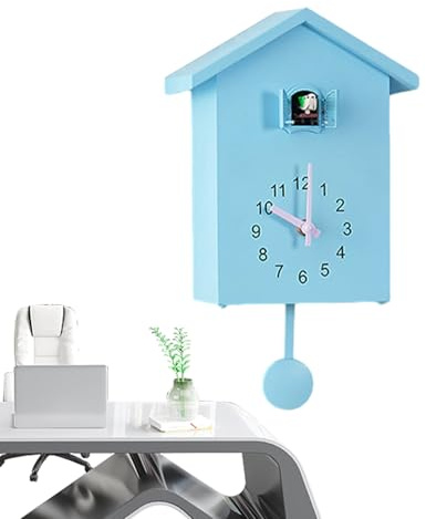 Qizeroty Coucou Minimaliste avec Pendule, Exquise Horloge Murale À Piles, Style Moderne, Accompagnée De Chants d'oiseaux Idéale pour Décorer Un Salon, Une Cuisine Ou Un Hôtel (Bleu)