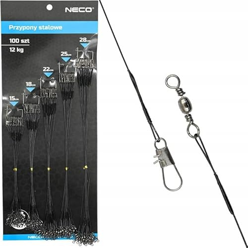 NECO Stahlvorfach Set für Hecht – 100 Stück in 5 Längen (15–28 cm) – Schwarze Stahlvorfächer mit Wirbel & Snap – Raubfischangeln Zubehör (SCHWARZ)