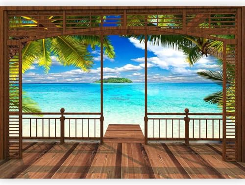 Fotomurales Decorativos Pared Vista Al Mar 300x210 cm Papel Pintado Tejido No Tejido Balcón Con Piso de Madera Fotomural 3D Mural Paredes Papel Tapiz Decoración Salón o Dormitorio a-10284