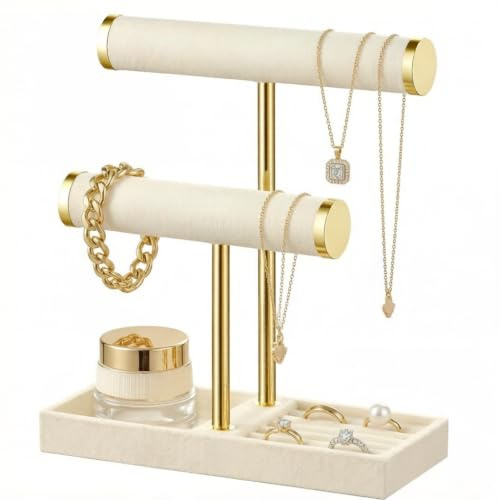 Xnqelerate Schmuckständer mit 2 Ebenen, Schmuckaufbewahrung, Abnehmbarer T-Steg Schmuck Ständer, Schmuck Organizer, Jewelry Organizer für Armband, Uhren, Ringe, Halskette (Beige)