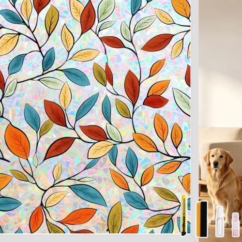 NINETREX Film Fenetre Anti Regard Occultant pour Vitres Anti Chaleur (44.5X 200CM Adhesif Électrostatique Motif Arc-en-Ciel De Feuilles Vertes Décoratif Salons, Cuisines, Chambre, Salle de Bain