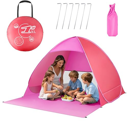 DOUUCO XXL Strandmuschel Pop Up für 3 Erwachsene oder 5 Kinder (200x165x130cm) - Silberbeschichtetes Strandzelt mit UV-Schutz - Automatisches Wurfzelt für Strand, Garten & Camping