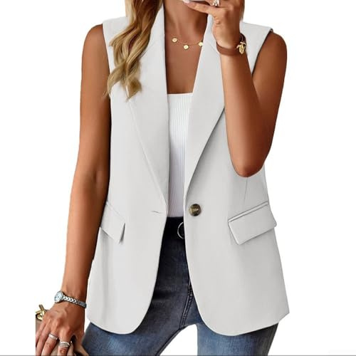 Chaleco sin mangas para mujer, color sólido, con botones, con bolsillos, para el trabajo, yoga, ciclismo, playa, vacaciones, verano, ligero, chaleco (XXL, blanco)