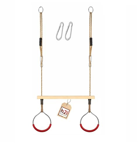 h2i Trapez Schaukel mit Turnringen | Trapezstange aus Holz mit Seilen & Karabiner | Gymnastikringe aus Metall in rot | Kinderschaukel Outdoor & Indoor | Turngeräte für Kinder