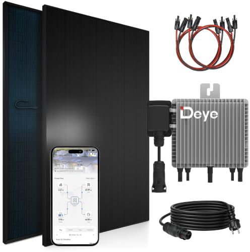 SUNNIVA® 920W Balkonkraftwerk BIFAZIAL FULLBLACK komplett Steckdose DEYE 800W Wechselrichter, PV Solaranlage, 2x 460W Glas-Glas Solarmodule, inkl. 5m Kabel, Bluetooth WIFI, Komplettset
