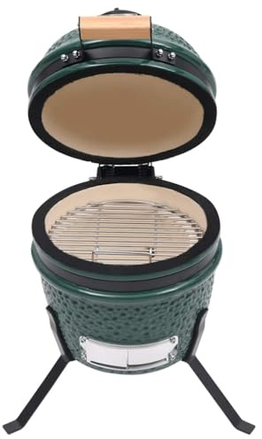 Kamado - Mini grill in ceramica, 56 cm, colore: verde | alimentato a carbone, coperchio ribaltabile con termometro, griglia da 26,5 cm, piedini in acciaio