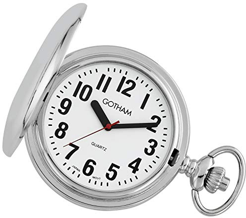 Gotham Men's Silver-Tone Low Vision Bold Number Polished Finish Covered Quartz Pocket Watch # GWC15045S