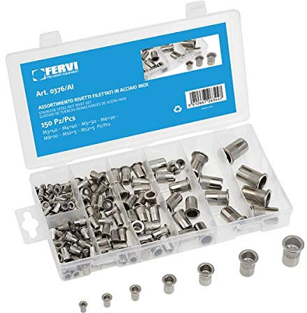 ASSORTIMENTO 150 INSERTI (RIVETTI) FILETTATI IN ACCIAIO INOX DA M3 A M12 FERVI 0376/AI