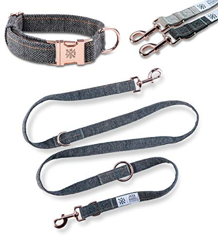 Jack & Russell Tweed Set Hundeleine 2,0m + Halsband mit roségoldenen Karabiner - Hundeleine elegant mehrfach verstellbar (S/M, dunkelgrau - meliert)
