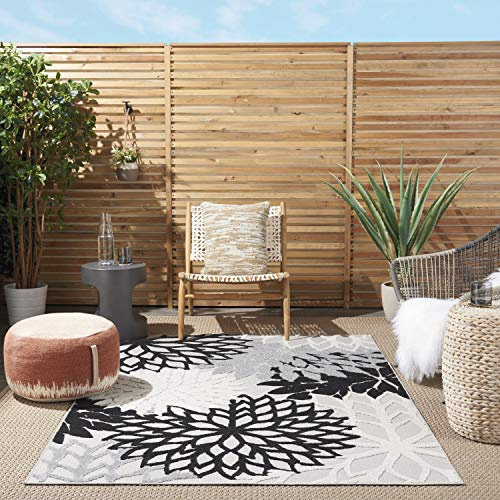 Nourison Home Aloha Indoor/Outdoor Black White 5'3 x 7'5 Area Rug, Tropical, Botanical, Easy Cleaning, Non Shedding, Bed Room, Living Room, Dining Room, Deck, Backyard, Patio (5x7)
