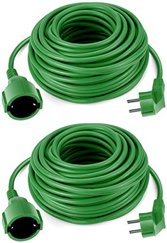 O&W Security 2er Set Verlängerungskabel Schuko 2x20 m – IP44 Innen/Außen, bis 3500 W, 2x1,5 mm², Spezialkunststoff-Ummantelung, grün, für Garten & Werkstatt