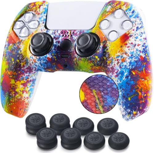YoRHa Studded Printring Silicone Rubber Customizing Skin Cover for PlayStation 5 PS5 Controller x 1(Spashing Paint) With Pro thumb grips x 10