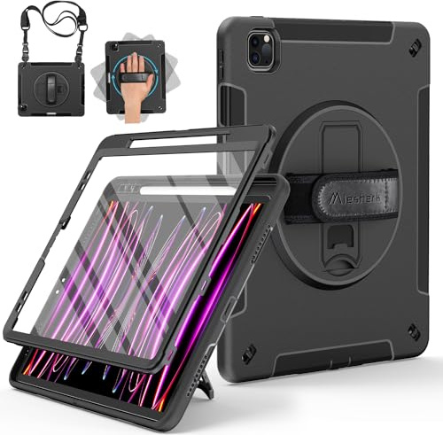 Miesherk Hülle für iPad Pro 12.9 6./5./4./3.Gen 2022/2021/2020/2018 Schwarz | 3-schichte Robuste stoßfeste Case mit Displayschutzfolie, Stifthalter, 360° Drehbare Ständer/Handschlaufe, Schultergurt