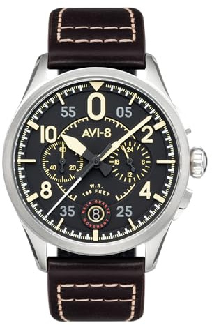 AVI-8 Herren 42mm Spitfire Lock Chronograph Midnight Oak Japanische Quarz-Fliegeruhr mit Lederarmband AV-4089-01