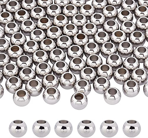 DICOSMETIC 100 Stück Edelstahl Abstandsperlen 8x6mm Große Loch Paracord Perlen Runde Metallperlen Glatte Runde Perlen Loose Perle Für Die Armband Halskette Schmuckherstellung, Bohrung: 4mm