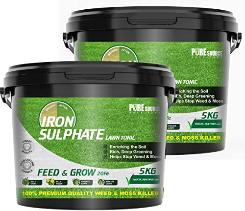 PSN 10KG IRON SULPHATE LAWN TONIC Dilutes 2,000-10,000 Litres 2 x 5KG tubs Sulphate of Iron Lawn Conditioner Dry Powder easily soluble in water Fertiliser, Moss Killer, Grass Greener & Turf Hardener
