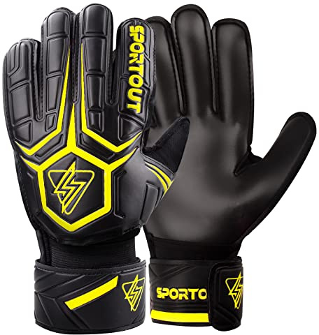 Sportout Torwarthandschuhe mit Fingersave, Fußballhandschuhe, Torwarthandschuhe Herren, 4mm Latex, für Kinder, Erwachsene und Jugendliche (Schwarz-Gelb, 6)