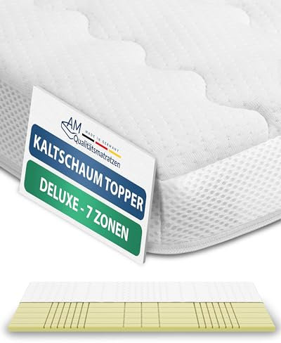 AM Qualitätsmatratzen 3D Deluxe 7 Zonen Kaltschaum Topper 150x220cm RG50 - Made in Germany - Atmungsaktiver Topper 150x220-8cm - Matratzenauflage 150x220 mit Lyocell Bezug und Anti-Rutsch Funktion