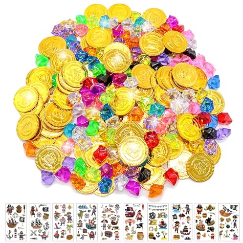 160 Stück Goldmünzen Piratenschatz, 50 Goldmünzen Kinder+100 Piraten Edelsteine+10 Piraten Aufkleber Piraten, Piratenschatz Goldmünzen für Piraten Deko Kindergeburtstag, Schatztruhe Kindergeburtstag