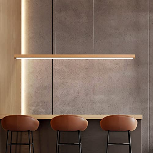 Bellastein LED Holz Pendelleuchte Moderne Dimmbare Linear Design Hängeleuchte mit Fernbedienung Esstisch Hängelampe Höhenverstellbar Esszimmer Büro Wohnzimmer Kronleuchter (‎Holzfarbe, L120cm)