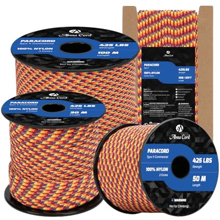 Abma Cord Paracord 3mm 50m Cuerda Resistente Tipo II 3 Hebras Paracaídas | Max 192kg (425lbs), 100% Nylon, Exteriores, Bricolaje, Camping