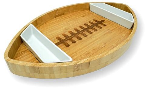 40YARDS Assiette en Bambou de Football américain avec 2 Bols à Sauce en céramique – American Football Bol XXL en Bois (40 x 24 cm) pour Chips, Aliments Crus, Nachos et collations