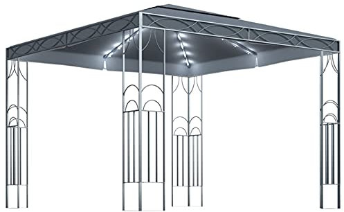 Homgoday Gazebo con Stringa di Luci LED 300x300 cm Antracite, Gazebo da Giardino, Gazebo Ombrellone da Giardino Spiaggia Pesca Esterno Antivento per Arredo Giardino Terrazzo Ambienti