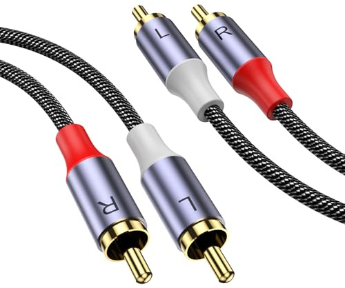 MOSWAG Stereo Cinch Kabel, Cinch Stecker auf Cinch Stecker, Stereo Hilfs Audiokabel, 5 m Subwoofer Kabel, 24 Karat vergoldetes, geflochtenes Nylon für Heimkino, Audio, HDTV, Autoradio, Lautsprecher