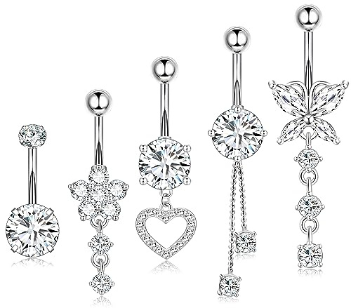 Leocuci Surgical Stainless Steel Dangle Belly Button Rings for Women Belly Ring Dangling Piercing Jewelry with Heart Flower Butterfly 14G