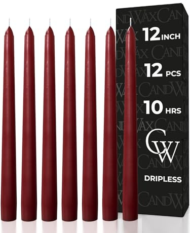 CANDWAX 12 inch Burgundy Taper Candle Set of 12 - Unscented Smokeless Dripless Candlesticks - Candle Sticks for Christmas Decorations, Party Décor, Dinner Table Centerpieces - Burgundy Tapers