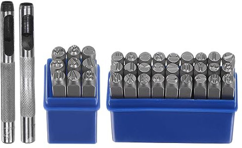 QUARKZMAN 36Stk Metall Stempeln Kit 1/4 (6mm) (A-Z 0-8 & Symbol) Stahl Buchstabe Locher Preßwerkzeug mit Locher Aufstempeln Metall Plastik Holz Leder Silber