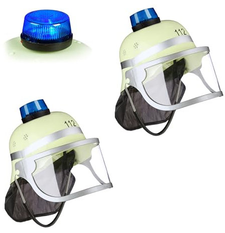 Relaxdays Feuerwehrhelm Kinder 2er Set, verstellbar, klappbares Visier, Nackentuch, Blaulicht, HBT 28,5x22,5x28 cm, gelb