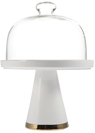 Présentoir à gâteau en verre en céramique avec dôme en porcelaine sur pied avec cloche en verre - Plateau à dessert pour fromage, pâtisserie, gâteau en porcelaine