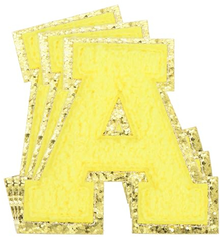 sourcing map 3Pcs Chenille Letters Patches Large Size 3.15x3.15 Iron-on Letters A Golden Glitter Embroidered Patches for Clothing, Shoes, Hats, Backpacks (Yellow)