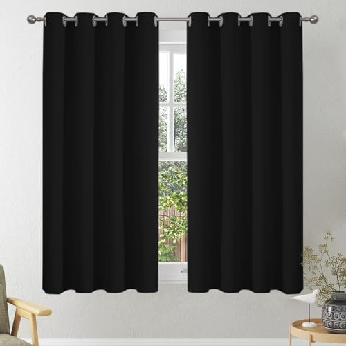 VEHEDE Gardinen Wohnzimmer Thermovorhang gegen Kälte Übergardinen 2er Set Vorhänge Schlafzimmer mit Ösen Vorhang Verdunkelung Blickdicht Gardinen Kurz Fenster Küche, H 137 x B 140 cm, Schwarz