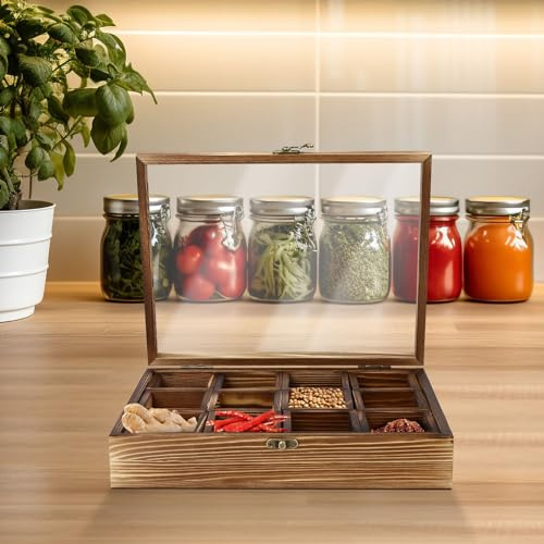 Wooden Spice Box, 12 Removable Compartment Spice Storage Container with Wooden Spoon, Spice Fit Box for Storing Different Spices or Teas in Kitchen, Living Room, Restaurant, Teahouse, 30*22.5*7cm