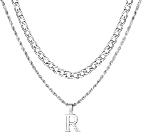 Collares iniciales para hombres, collar de letras A-Z 316L Collar de alfabina de enlace cubano de acero inoxidable Collar colgante de alfabé para novio Valentín regalo de San Valentín (Oro-R)