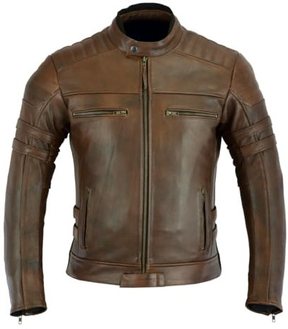 JACKET4U MBJ-4068 Veste de moto en cuir naturel vieilli pour homme Protection de niveau 2, marron, L