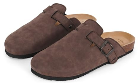 PERLETTI Sabot Uomo Comode Leggere Effetto Scamosciato - Ciabatte Invernali Estive Casa con Suola Antiscivolo Chiuse Fibbia Regolabile - Pantofole da Uomo Sandali Comfort (Marrone Suède, EU 45)