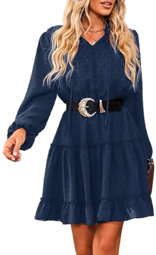 CUPSHE Vestido de mujer con cuello en V, manga larga, volantes, gasa, línea A, vestido corto, vestido casual, fiesta, túnica, mini vestido, azul, M