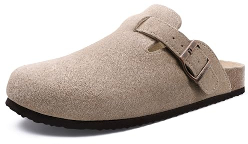 Beslip Wildleder Clog für Damen Weiches Kork Fußbett Leder Pantoletten Komfort Kartoffel Schuhe mit Arch Support, Taupe Frauen Größe 41 EU