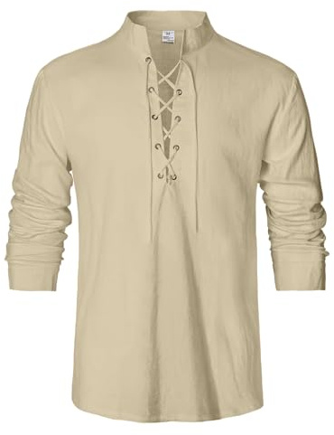 LVCBL medeltida skjorta herr linneskjorta retrostil viking kostym snörning skjorta M-3XL, kaki, 3XL