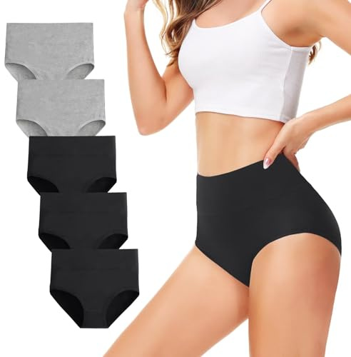 TUUHAW Underkläder kvinnor hög midja trosor för kvinnor 5-pack hela trosor, Svart*3 Grå*2, M