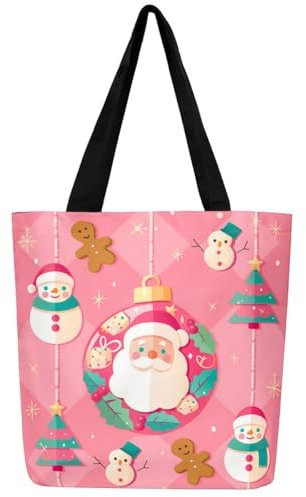 Loussiesd Weihnachtsmann Leinwand Einkaufstasche Frohe Weihnachten Einkaufsbeutel Erwachsene Weihnachten Lebkuchenmann Schneemann für Baum Stofftasche Rosa Tragetasche für Schularbeit